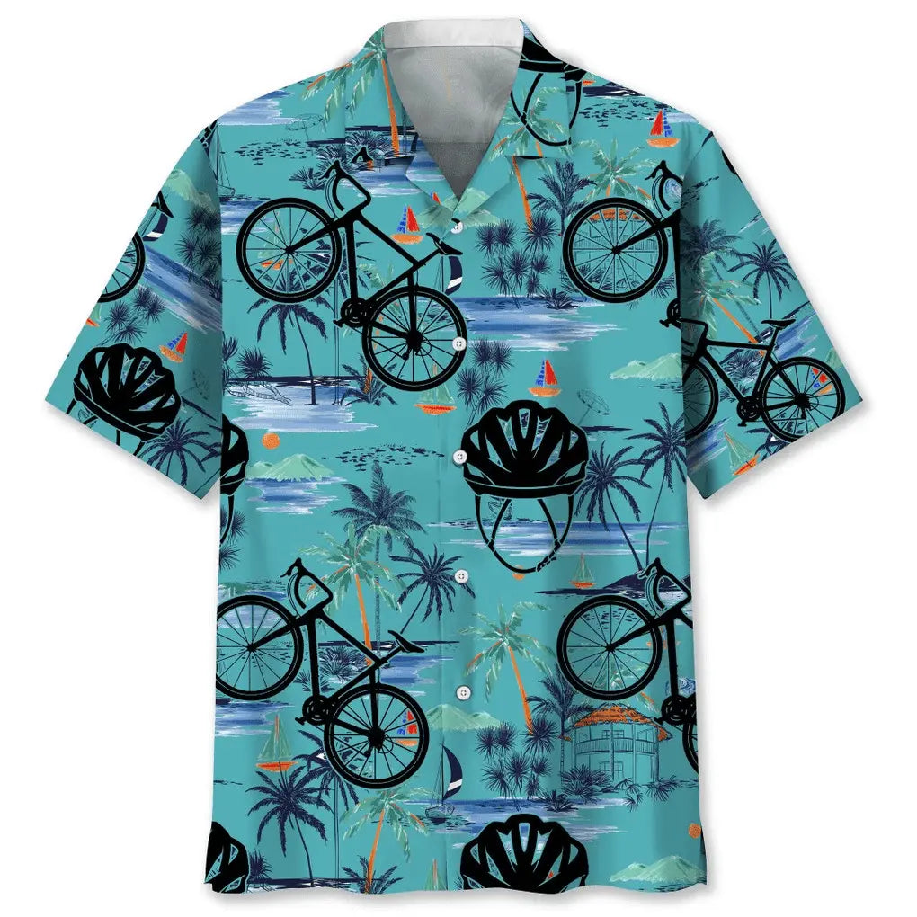 Cycling Blue Beach Hawaiian Shirt For Summer Vacation, Beach Travel, And Casual Wear