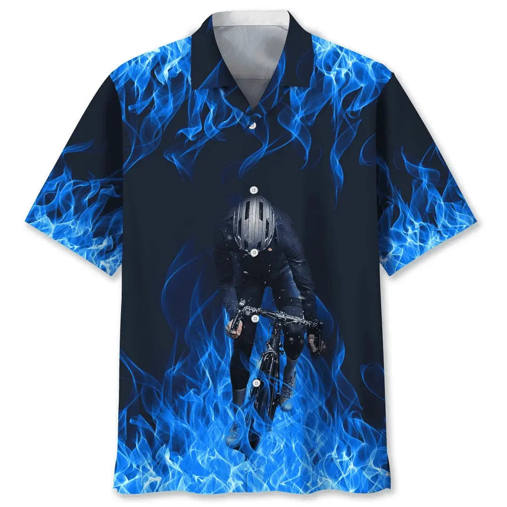 Cycling Blue Fire Hawaiian Shirt For Island Vacations, Resort Wear, And Relaxed Seasonal Style
