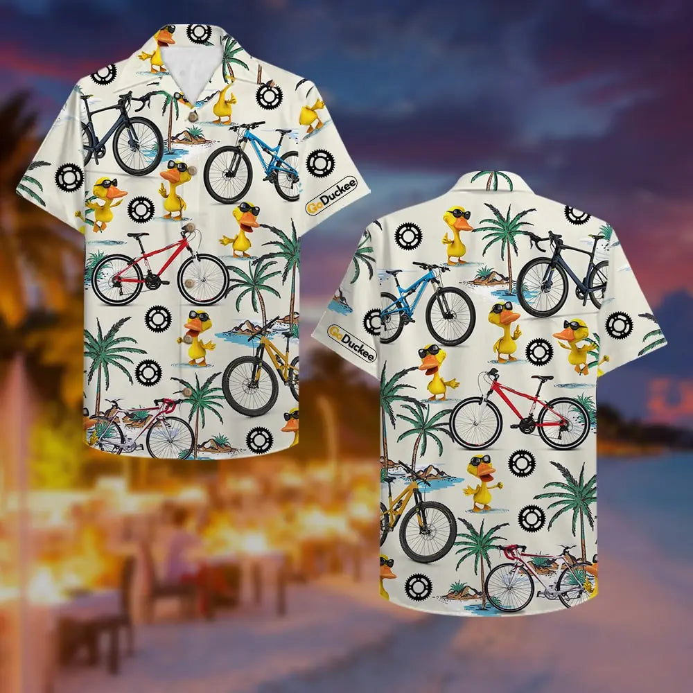 Island Summer Cycling Duck Aloha Bicycle Pattern Hawaiian Shirt For Summer Vacation, Beach Travel, And Casual Wear