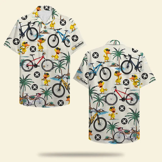 Island Summer Cycling Duck Aloha Bicycle Pattern Hawaiian Shirt For Summer Vacation, Beach Travel, And Casual Wear