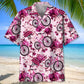 Floral Cycling Pink Hawaiian Shirt For Coastal Travel, Casual Events, And Comfortable Summer Wear