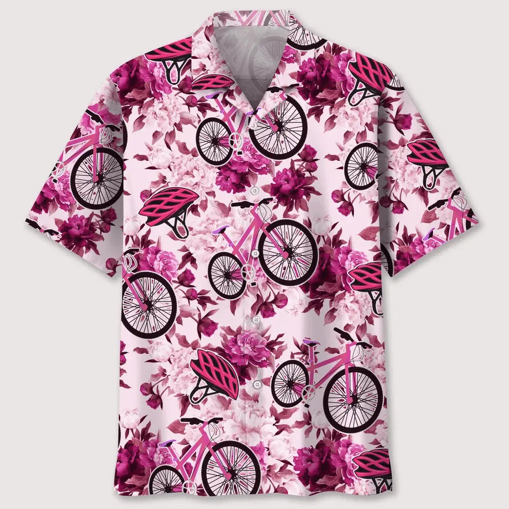 Floral Cycling Pink Hawaiian Shirt For Coastal Travel, Casual Events, And Comfortable Summer Wear