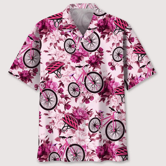 Floral Cycling Pink Hawaiian Shirt For Coastal Travel, Casual Events, And Comfortable Summer Wear