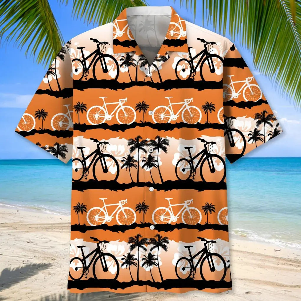 Cycling Sunset Hawaiian Shirt For Coastal Travel, Casual Events, And Comfortable Summer Wear