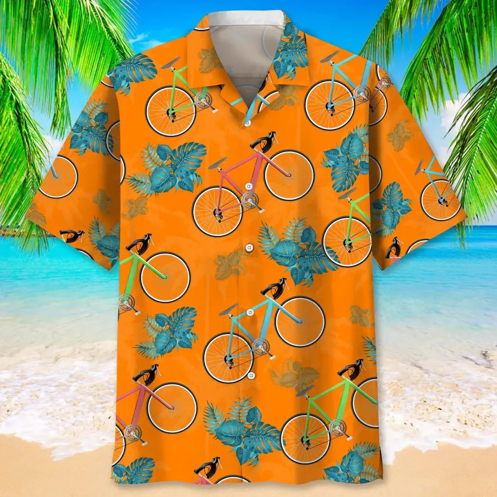 Tropical Cycling Orange Hawaiian Shirt For Resort Trips, Coastal Parties, And Warm Weather Style