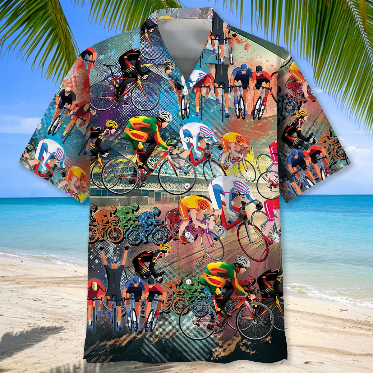 Vintage Cycling Hawaiian Shirt For Summer Vacation, Beach Travel, And Casual Wear