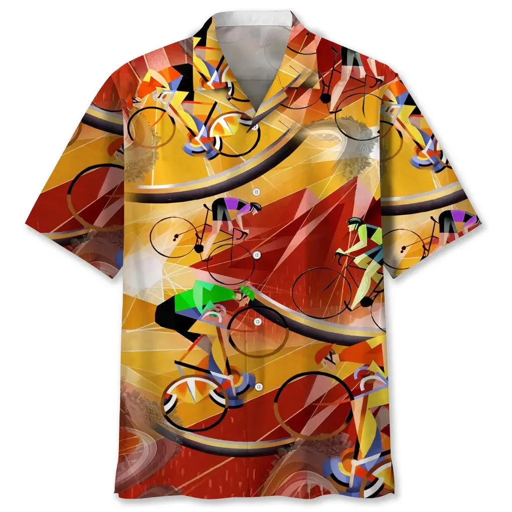 Vintage Cycling Hawaiian Shirt For Summer Vacation, Beach Travel, And Casual Wear
