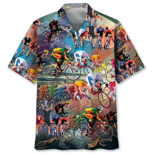 Vintage Cycling Hawaiian Shirt For Summer Vacation, Beach Travel, And Casual Wear