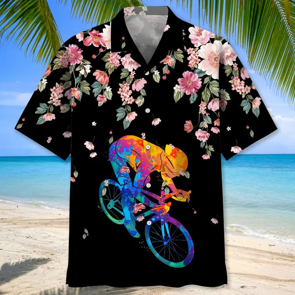 Floral Cycling Watercolors Hawaiian Shirt For Resort Trips, Coastal Parties, And Warm Weather Style