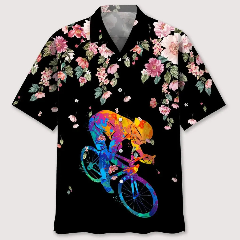 Floral Cycling Watercolors Hawaiian Shirt For Resort Trips, Coastal Parties, And Warm Weather Style