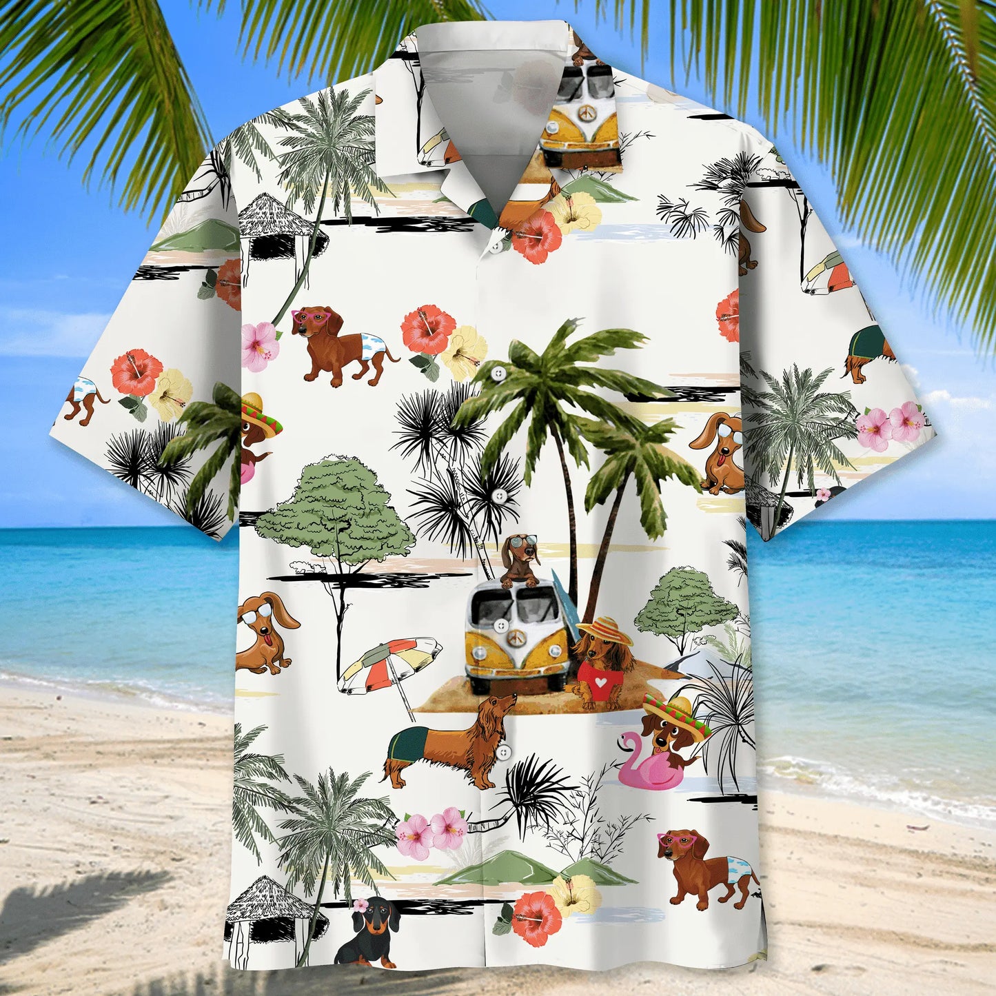 Funny Dachshund Beach Hawaiian Shirt For Summer Vacation, Beach Travel, And Casual Wear