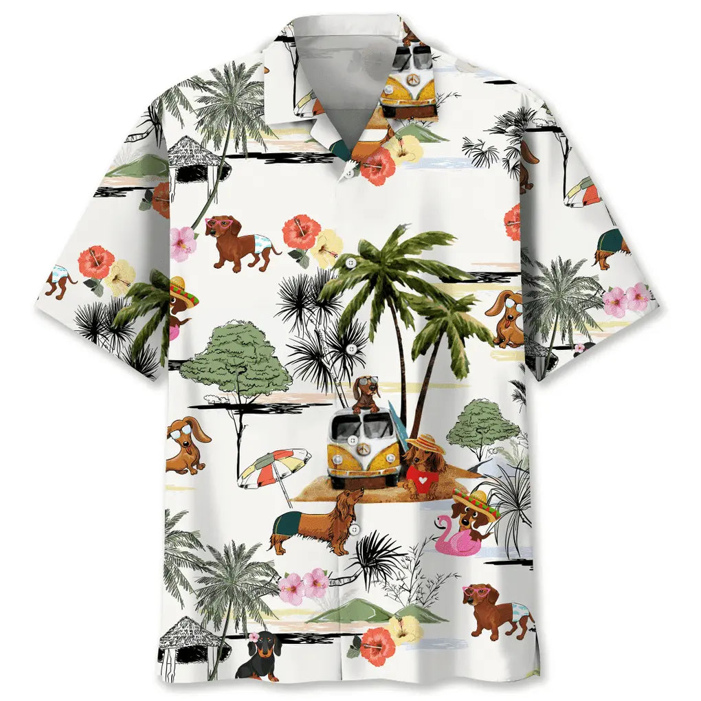 Funny Dachshund Beach Hawaiian Shirt For Summer Vacation, Beach Travel, And Casual Wear