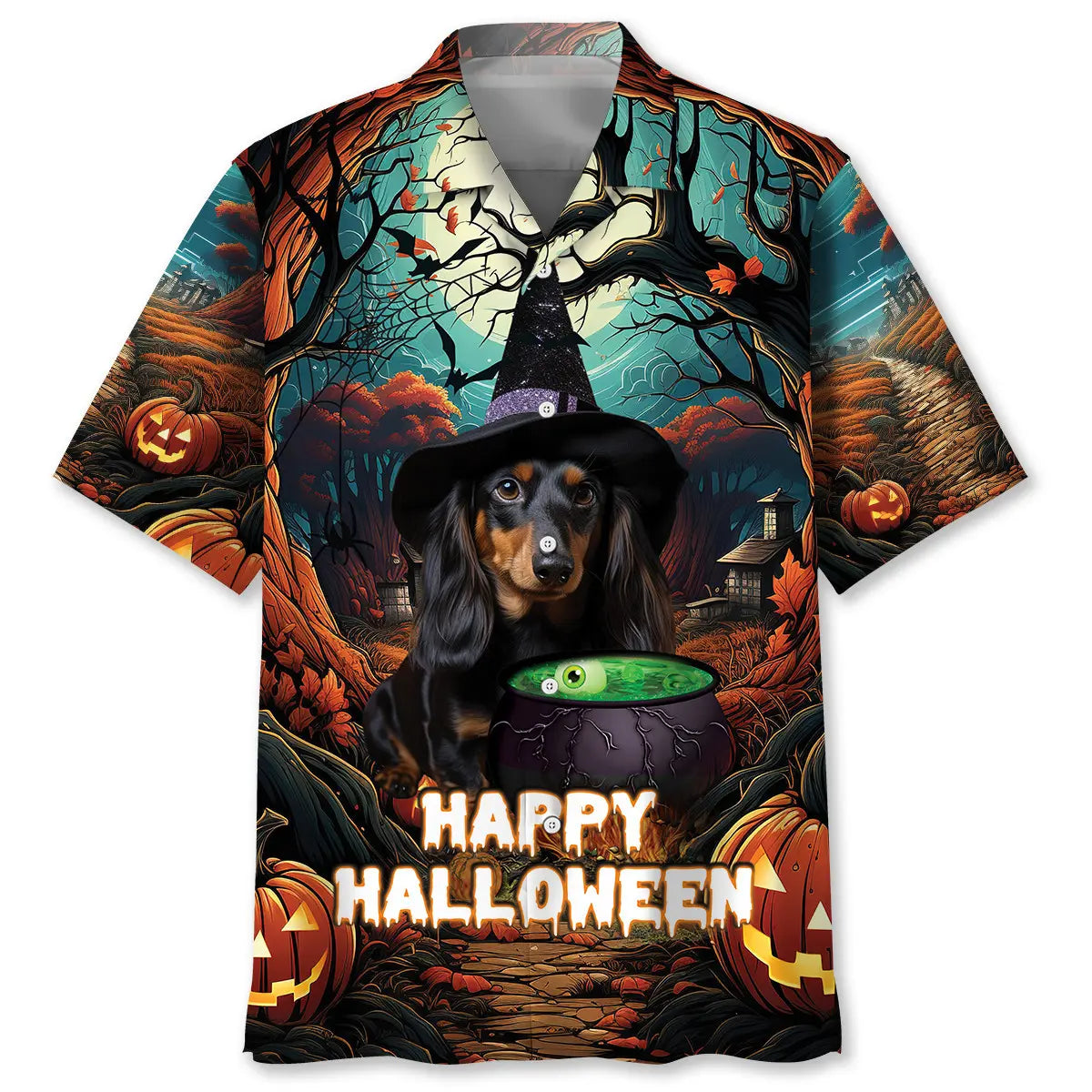 Halloween Dachshund Hawaiian Shirt For Summer Vacation, Beach Travel, And Casual Wear