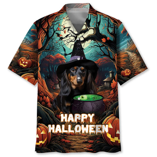 Halloween Dachshund Hawaiian Shirt For Summer Vacation, Beach Travel, And Casual Wear