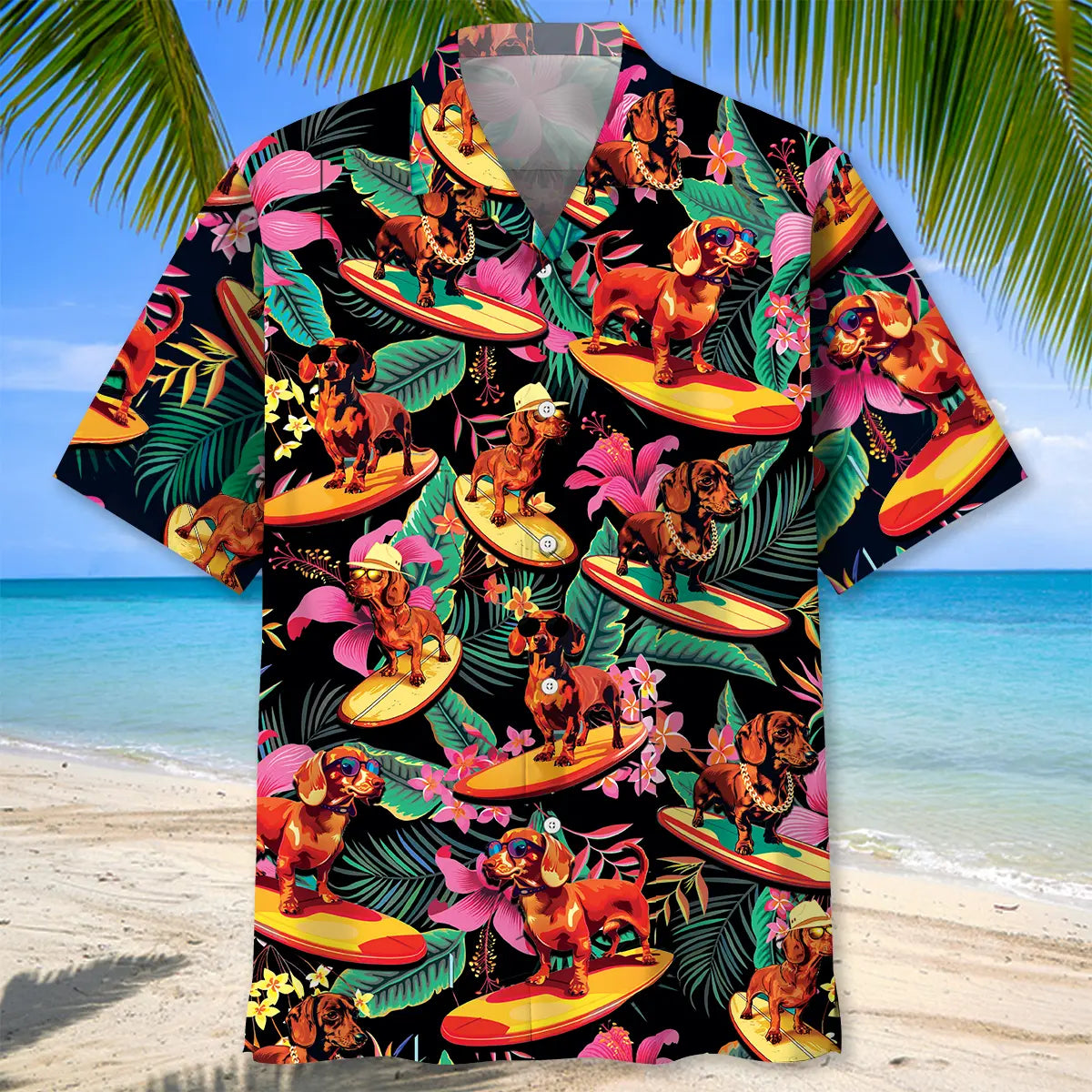 Tropical Dachshund Surfing Hawaiian Shirt For Sports Fans, Summer Outings, And Relaxed Vacation Wear