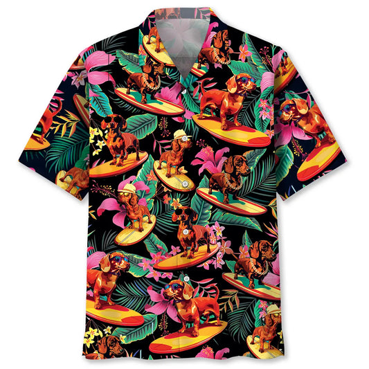 Tropical Dachshund Surfing Hawaiian Shirt For Sports Fans, Summer Outings, And Relaxed Vacation Wear