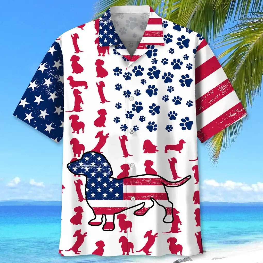 American Dachshund Flag Hawaiian Shirt For Resort Trips, Coastal Parties, And Warm Weather Style