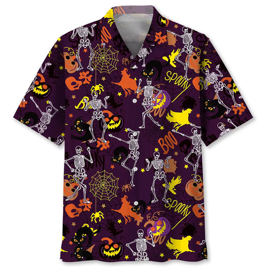 Halloween Dancing Skeleton Hawaiian Shirt For Spooky Events, Resort Travel, And Creative Warm Weather Wear