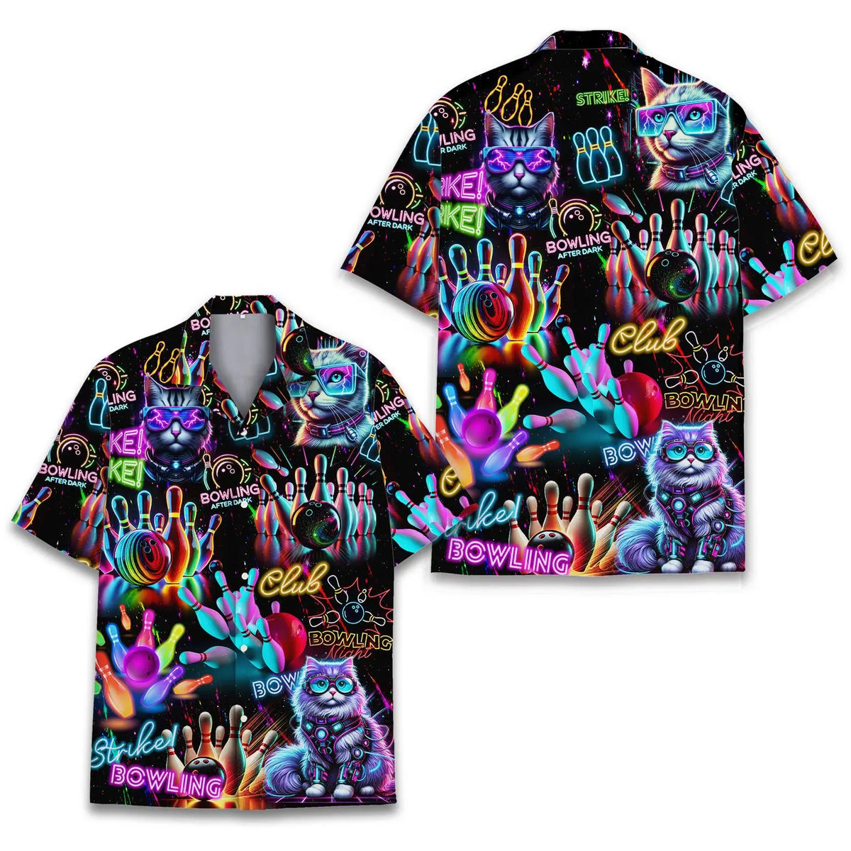 Neon Island Bowling Cat Aloha Hawaiian Shirt For Island Vacations, Resort Wear, And Relaxed Seasonal Style