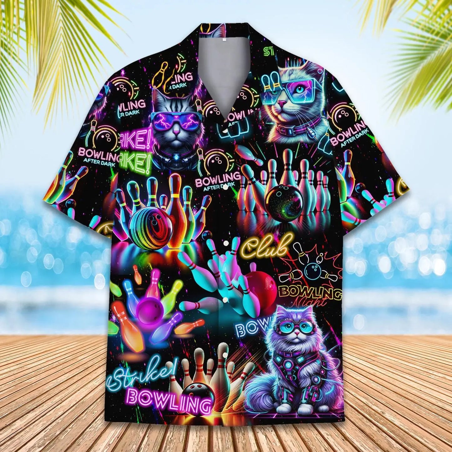 Neon Island Bowling Cat Aloha Hawaiian Shirt For Island Vacations, Resort Wear, And Relaxed Seasonal Style