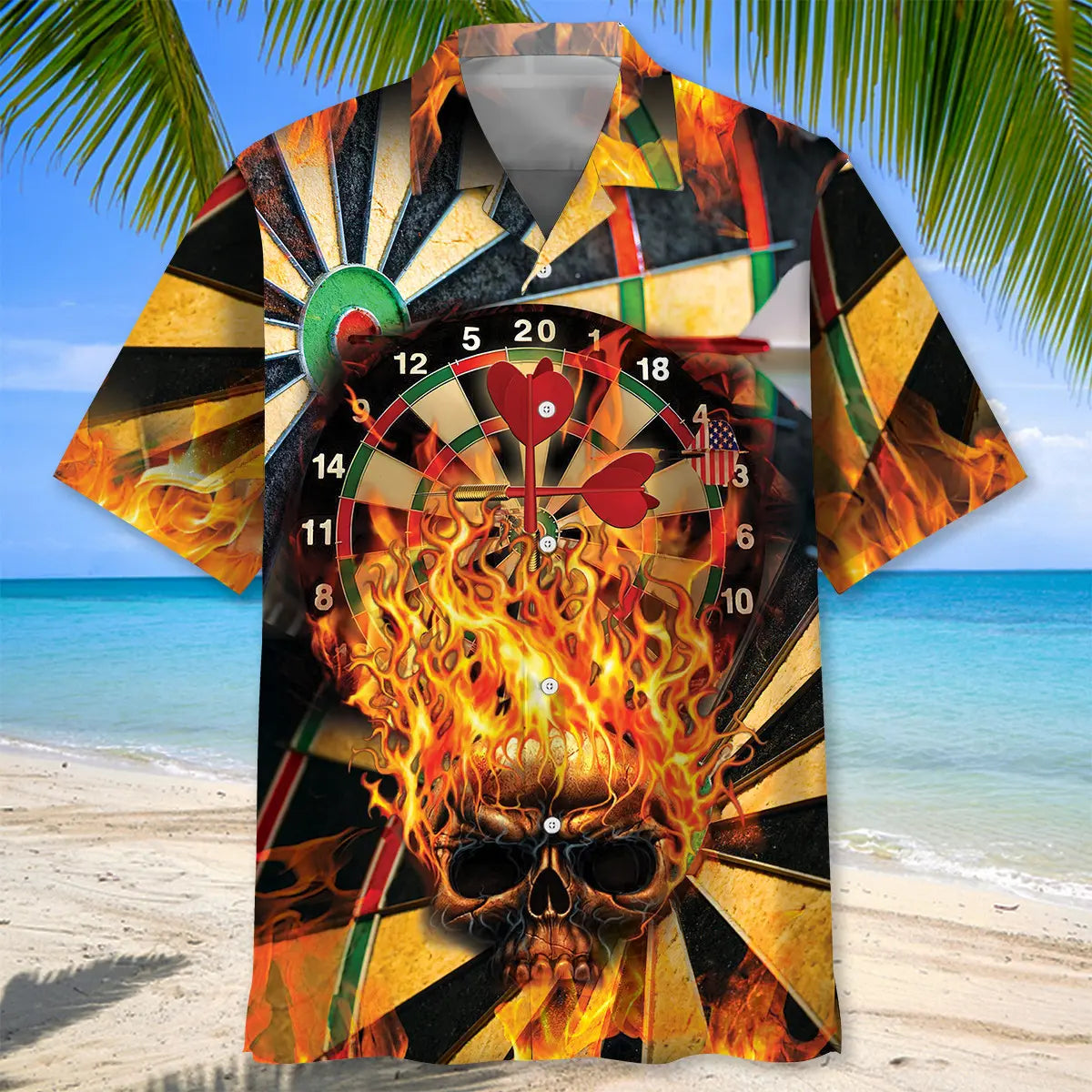 Darts Skull Hawaiian Shirt For Summer Vacation, Beach Travel, And Casual Wear