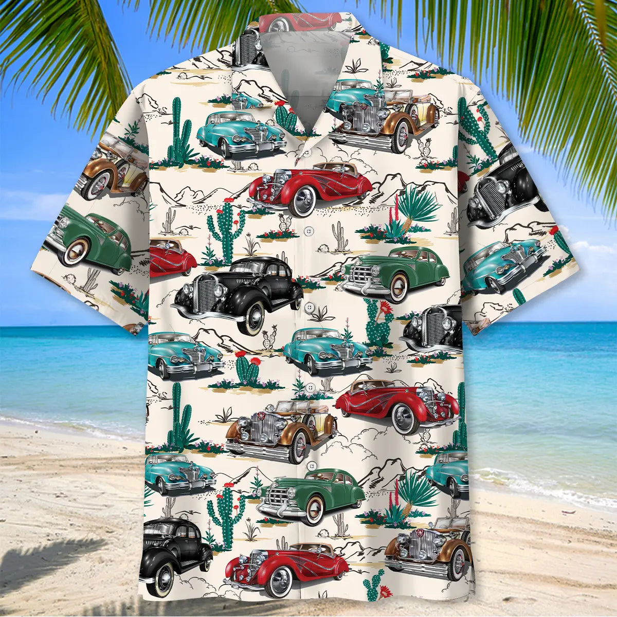 Classic Desert Hot Rod Car Hawaiian Shirt For Coastal Travel, Casual Events, And Comfortable Summer Wear