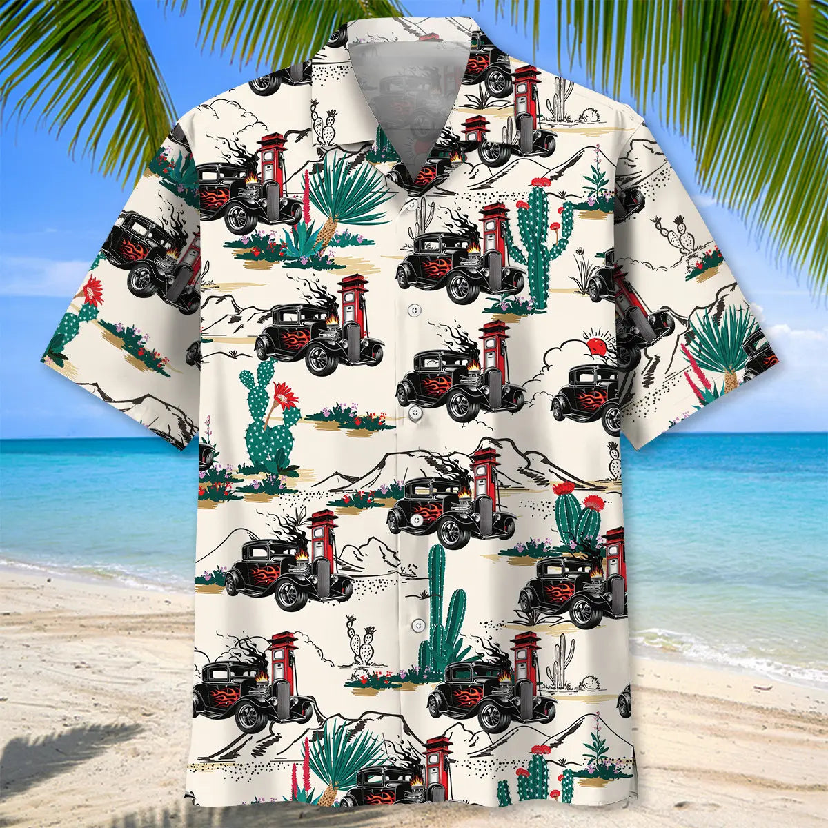 Desert Hot Rod Racing Historic Highway Hawaiian Shirt For Coastal Travel, Casual Events, And Comfortable Summer Wear