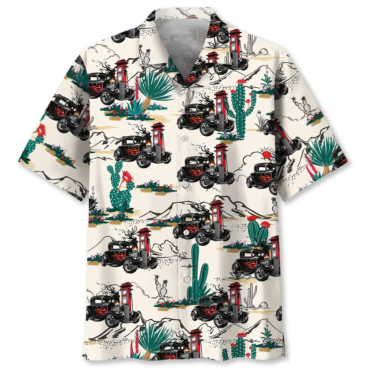 Desert Hot Rod Racing Historic Highway Hawaiian Shirt For Coastal Travel, Casual Events, And Comfortable Summer Wear