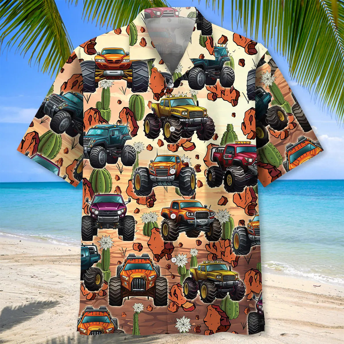 Desert Monster Truck Hawaiian Shirt For Resort Trips, Coastal Parties, And Warm Weather Style