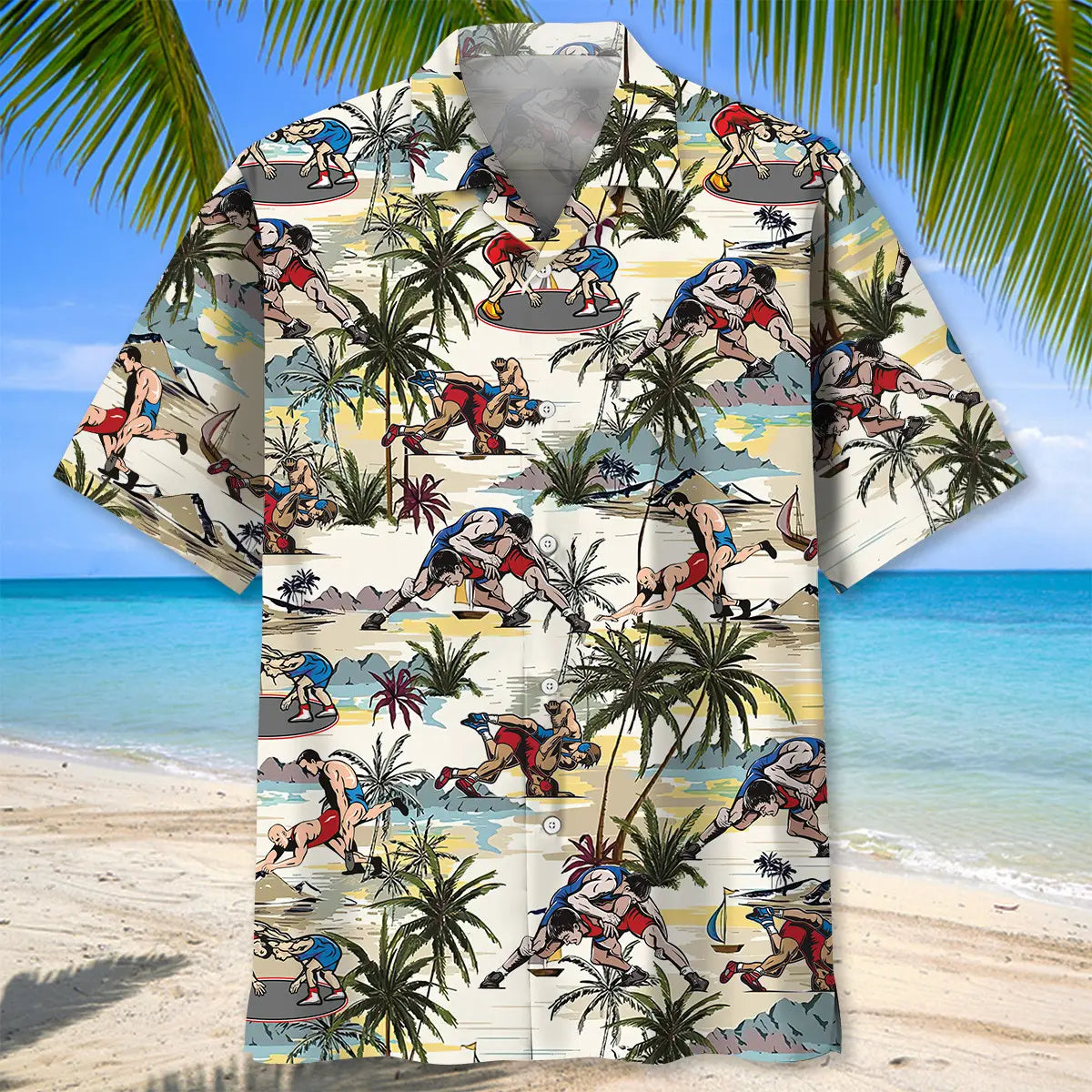 Summer Desert Palm Tree Wrestling Hawaiian Shirt For Summer Vacation, Beach Travel, And Casual Wear