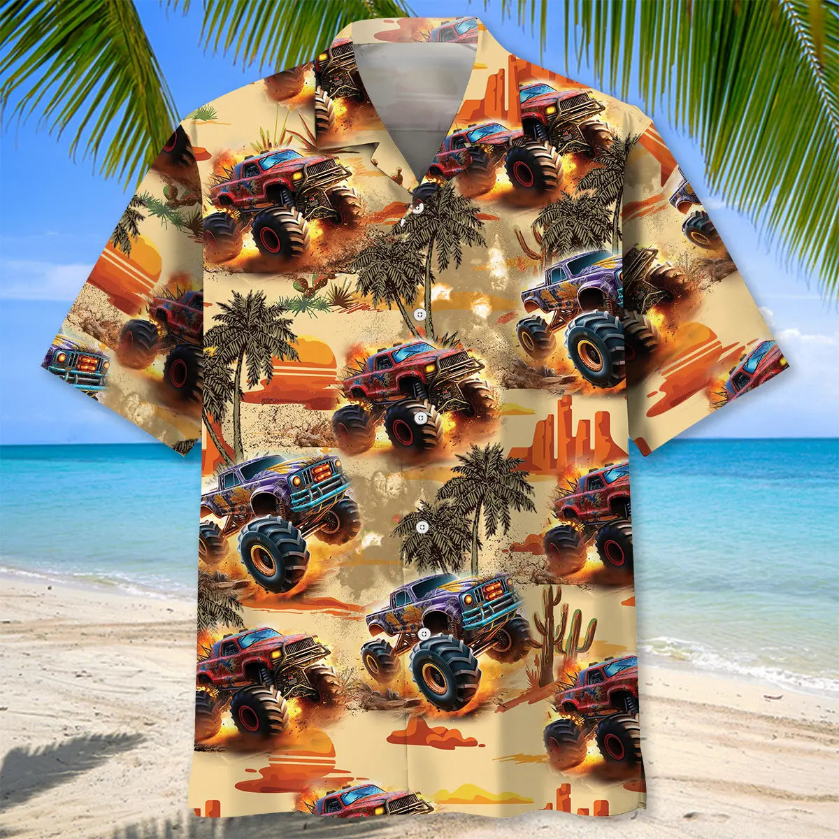 Desert Sahara Monster Truck Hawaiian Shirt For Automotive Enthusiasts, Coastal Trips, And Casual Warm Weather Style