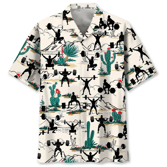 Desert Weight Lifting Hawaiian Shirt For Summer Vacation, Beach Travel, And Casual Wear
