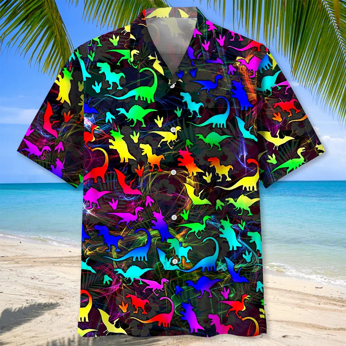 Colorful Dinosaur Hawaiian Shirt For Island Vacations, Resort Wear, And Relaxed Seasonal Style