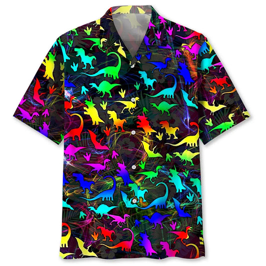 Colorful Dinosaur Hawaiian Shirt For Island Vacations, Resort Wear, And Relaxed Seasonal Style