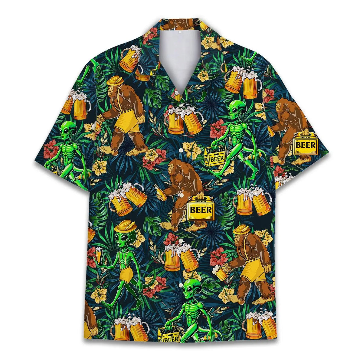 Tropical Island Bigfoot Alien Beers Aloha Hawaiian Shirt For Tropical Holidays, Outdoor Gatherings, And Everyday Comfort