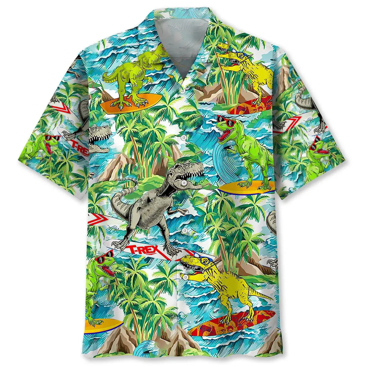 Dinosaur Surfing Hawaiian Shirt For Outdoor Adventures, Coastal Travel, And Comfortable Casual Style