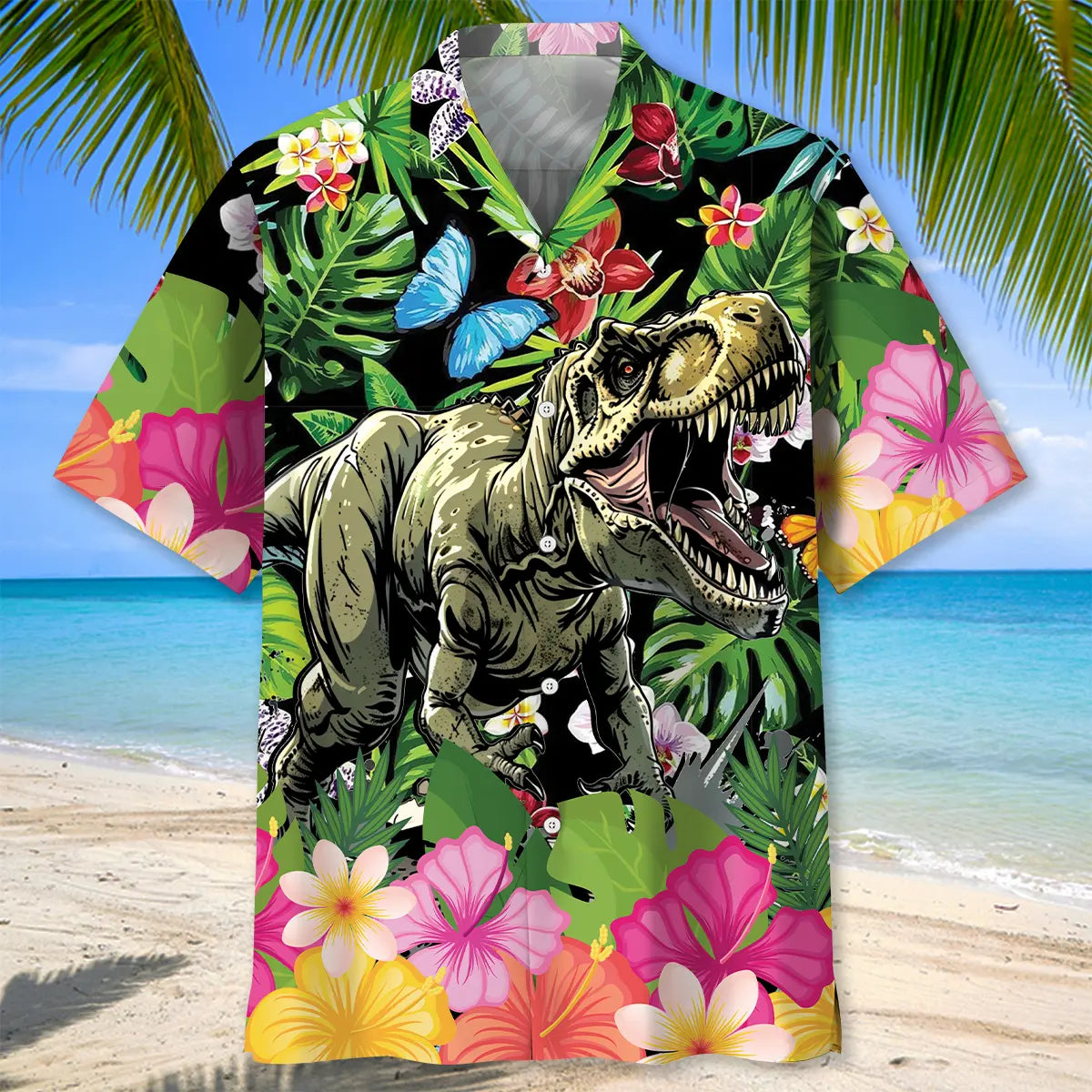 Dinosaur Tropical Flowers Hawaiian Shirt For Coastal Festival And Travel Ready Style