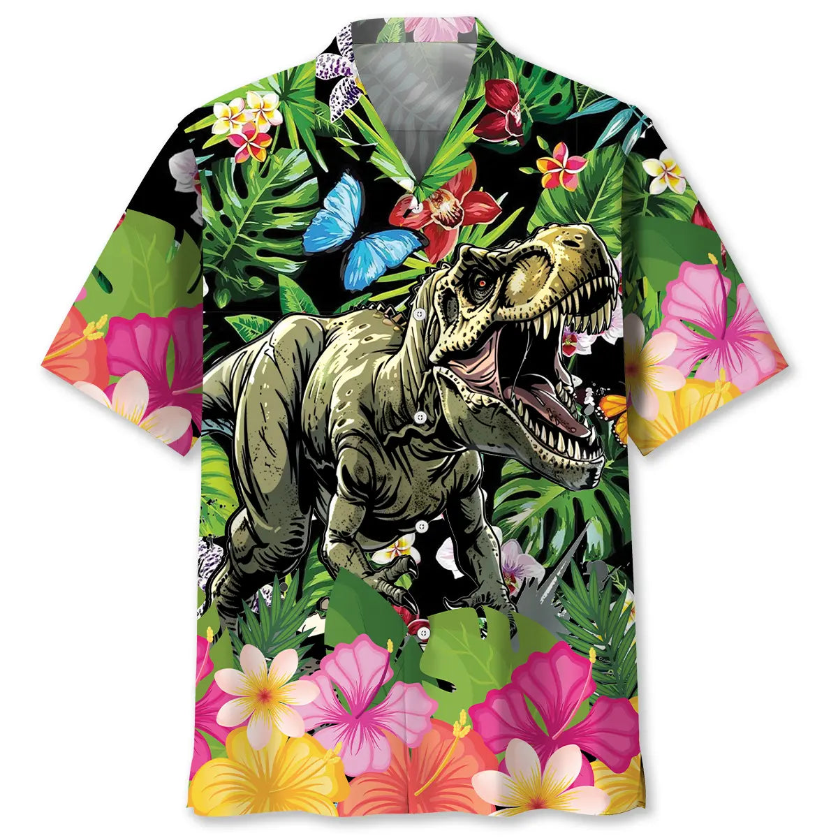 Dinosaur Tropical Flowers Hawaiian Shirt For Beach Party, Family Vacation, And Relaxed Summer Style