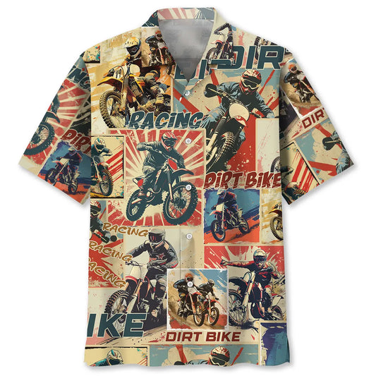 Retro Dirt Bike Magazine Hawaiian Shirt For Summer Vacation, Beach Travel, And Casual Wear