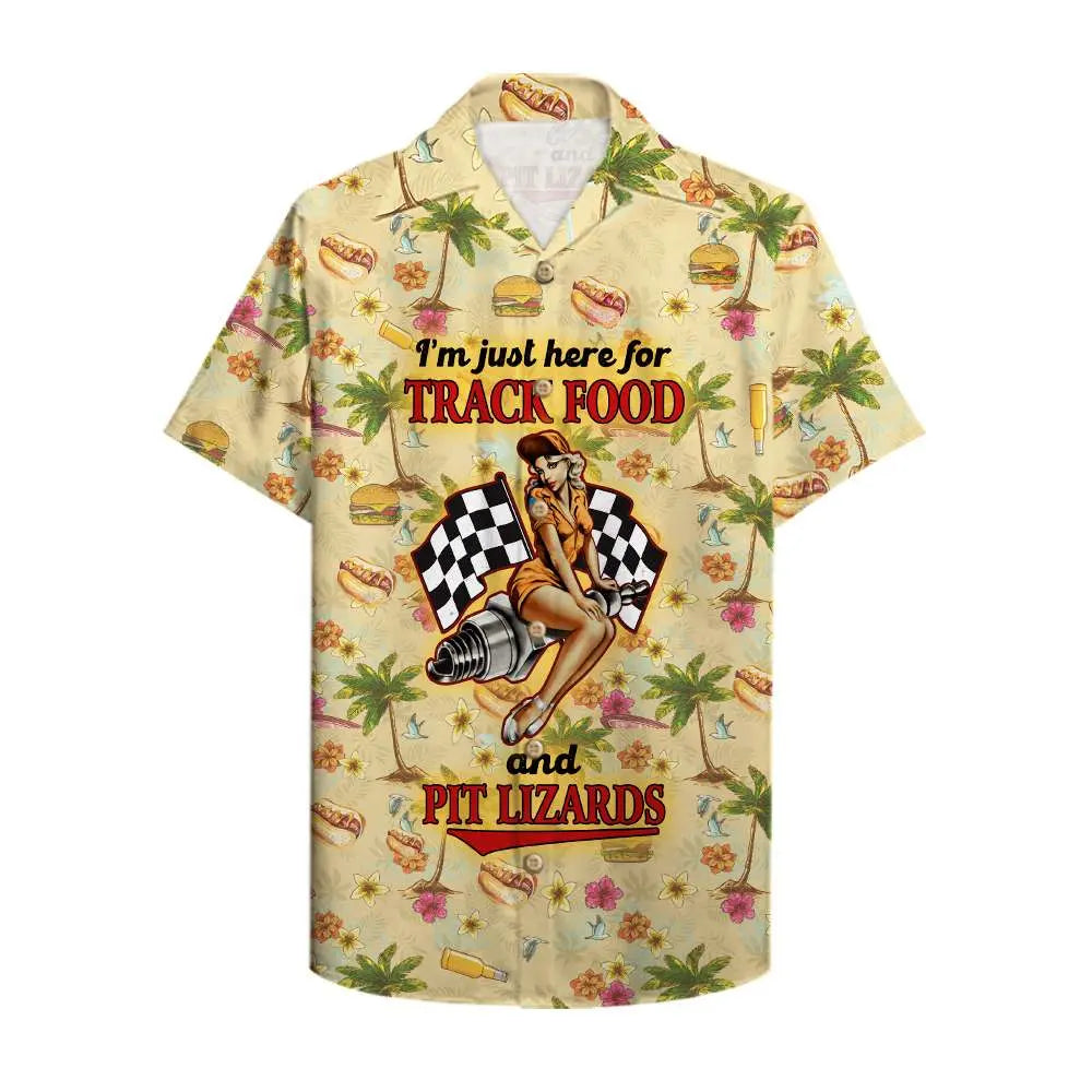 Island Summer Dirt Track Racing Food Pit Lizards Aloha Hawaiian Shirt For Summer Vacation, Beach Travel, And Casual Wear