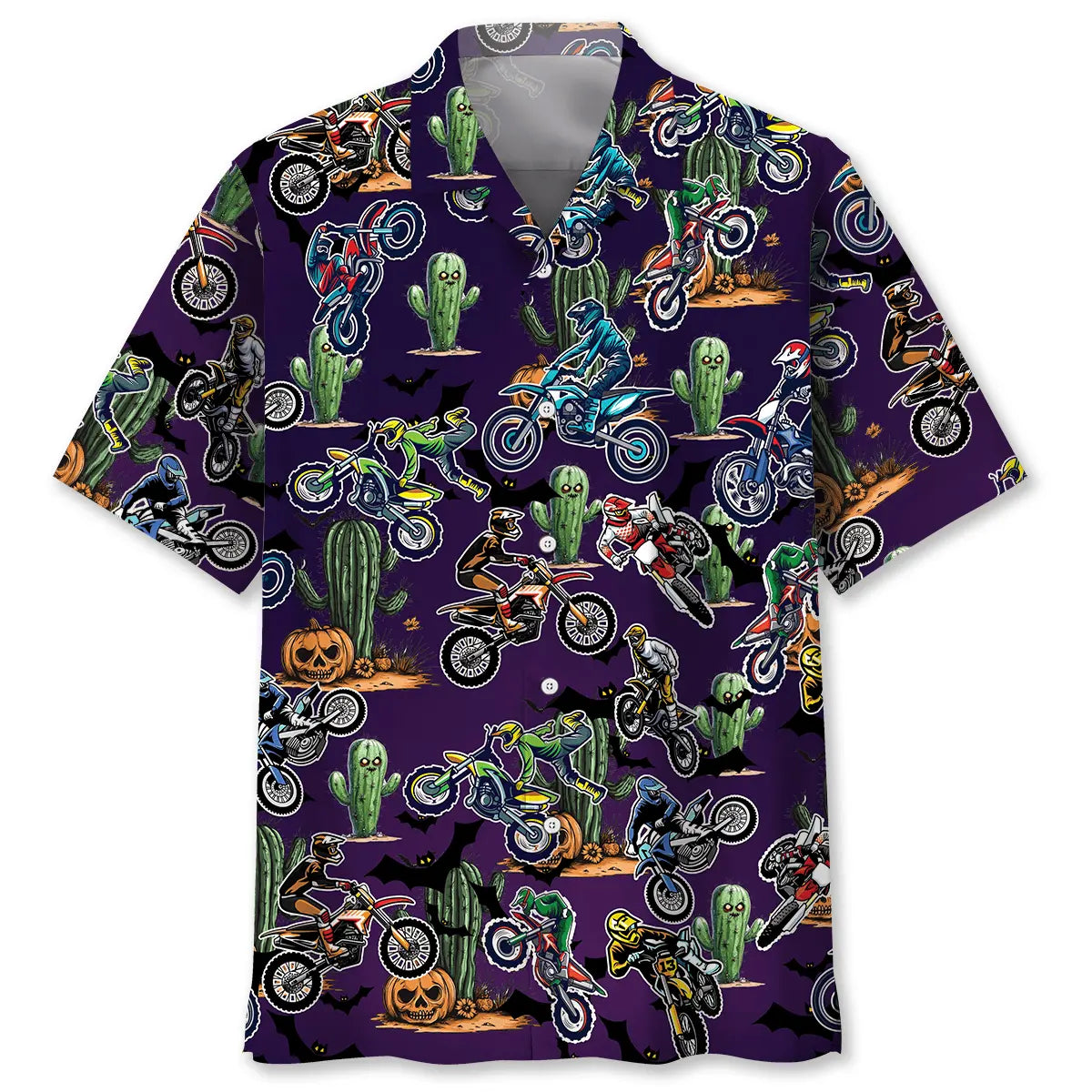 Hawaiian Shirt / Adults / S Dirtbikes With Haunted Cactus &amp; Pumpkins Art Hawaiian Shirt