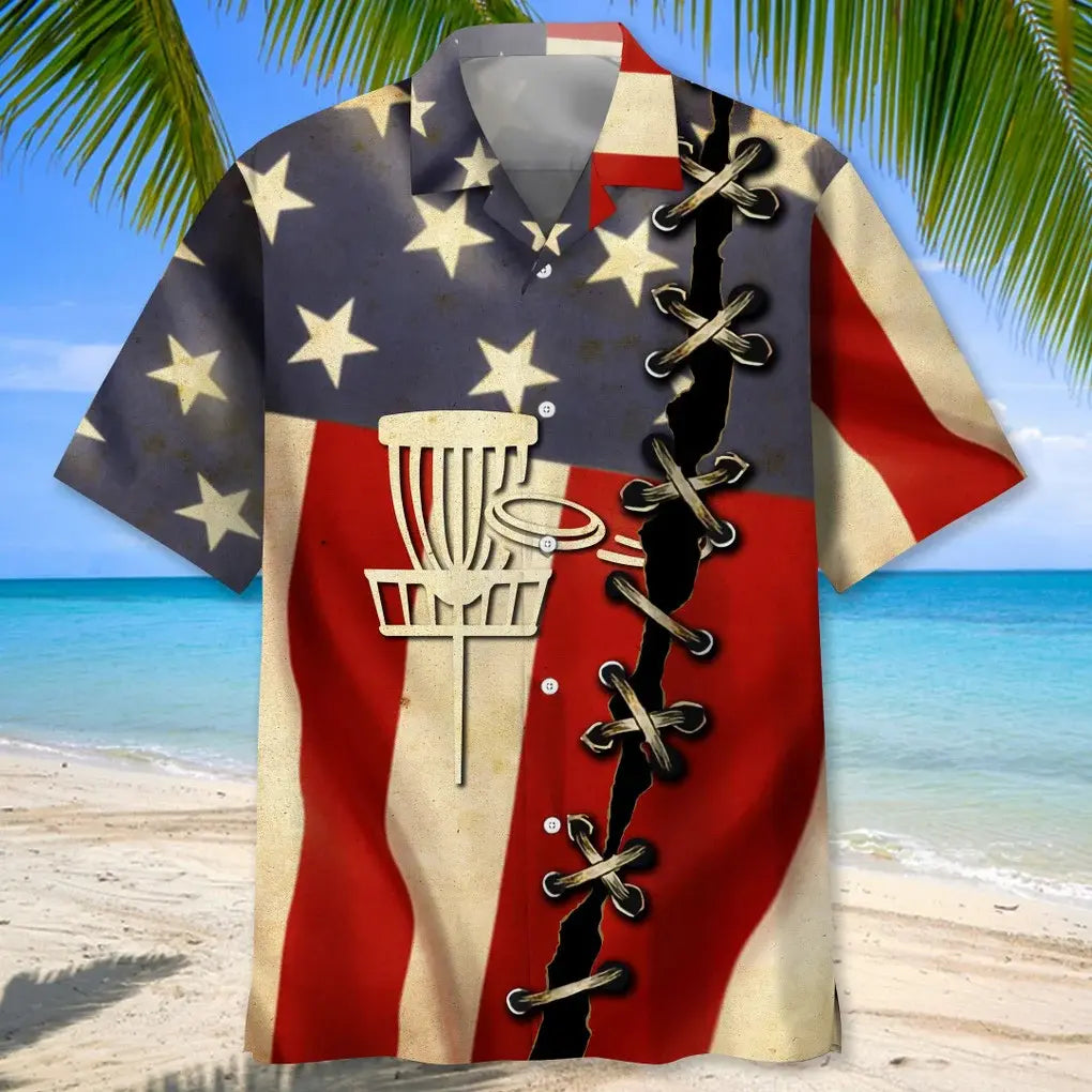 American Disc Golf Flag Hawaiian Shirt For Summer Celebrations, Resort Days, And Relaxed Everyday Wear