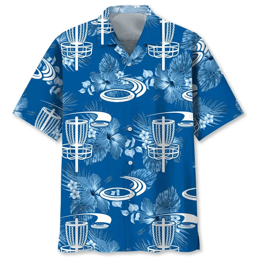 Disc Golf Blue Hawaiian Shirt For Summer Vacation, Beach Travel, And Casual Wear