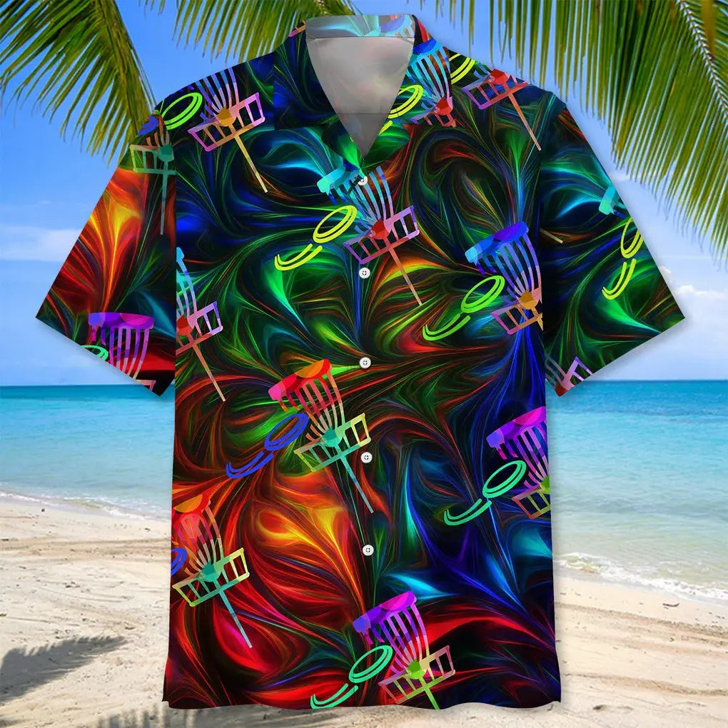 Colorful Disc Golf Hawaiian Shirt For Summer Vacation, Beach Travel, And Casual Wear