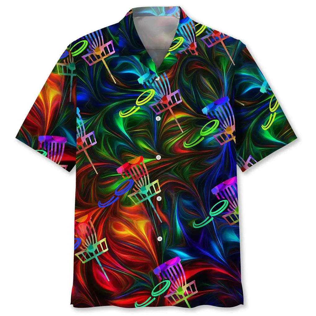 Colorful Disc Golf Hawaiian Shirt For Summer Vacation, Beach Travel, And Casual Wear