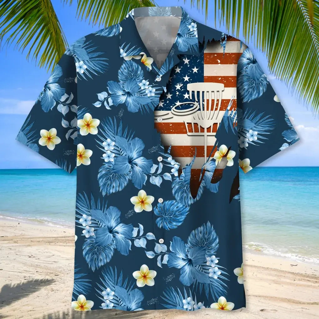 American Tropical Disc Golf Blue Hawaiian Shirt For Holiday Gatherings, Coastal Trips, And Proud Seasonal Style