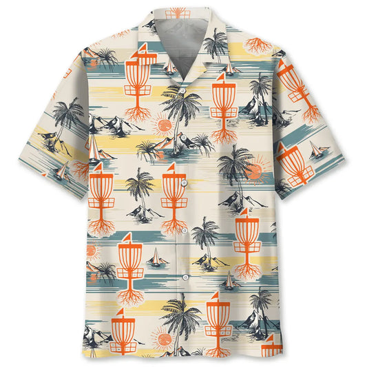 Vintage Disc Golf Palm Tree Hawaiian Shirt For Tropical Holidays, Outdoor Gatherings, And Everyday Comfort