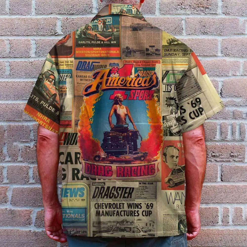 Island Summer Drag Racing Newspaper Aloha Hawaiian Shirt For Racing Fans, Summer Outings, And Relaxed Vacation Wear