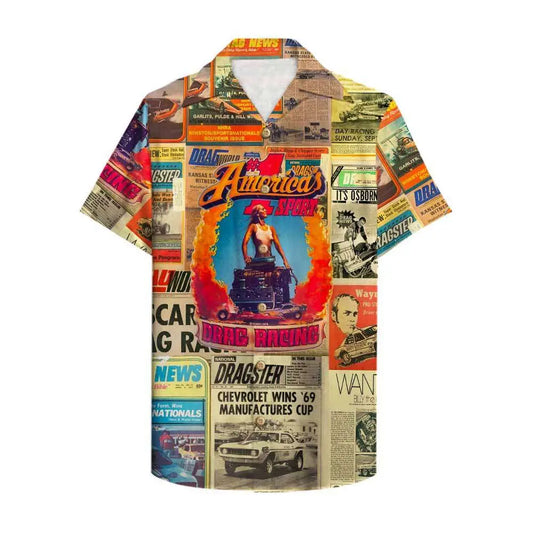 Island Summer Drag Racing Newspaper Aloha Hawaiian Shirt For Racing Fans, Summer Outings, And Relaxed Vacation Wear