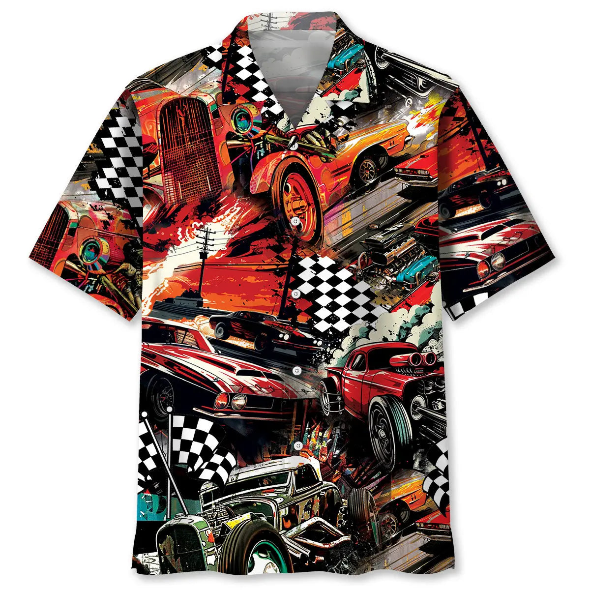 Retro Drag Racing Red Hawaiian Shirt For Racing Fans, Summer Outings, And Relaxed Vacation Wear